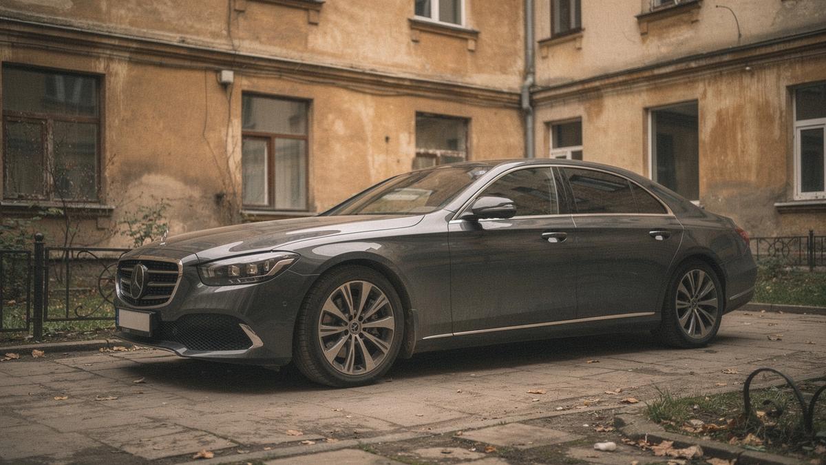 Dark luxury sedan photographed from a front three-quarter angle in a Kyiv courtyard